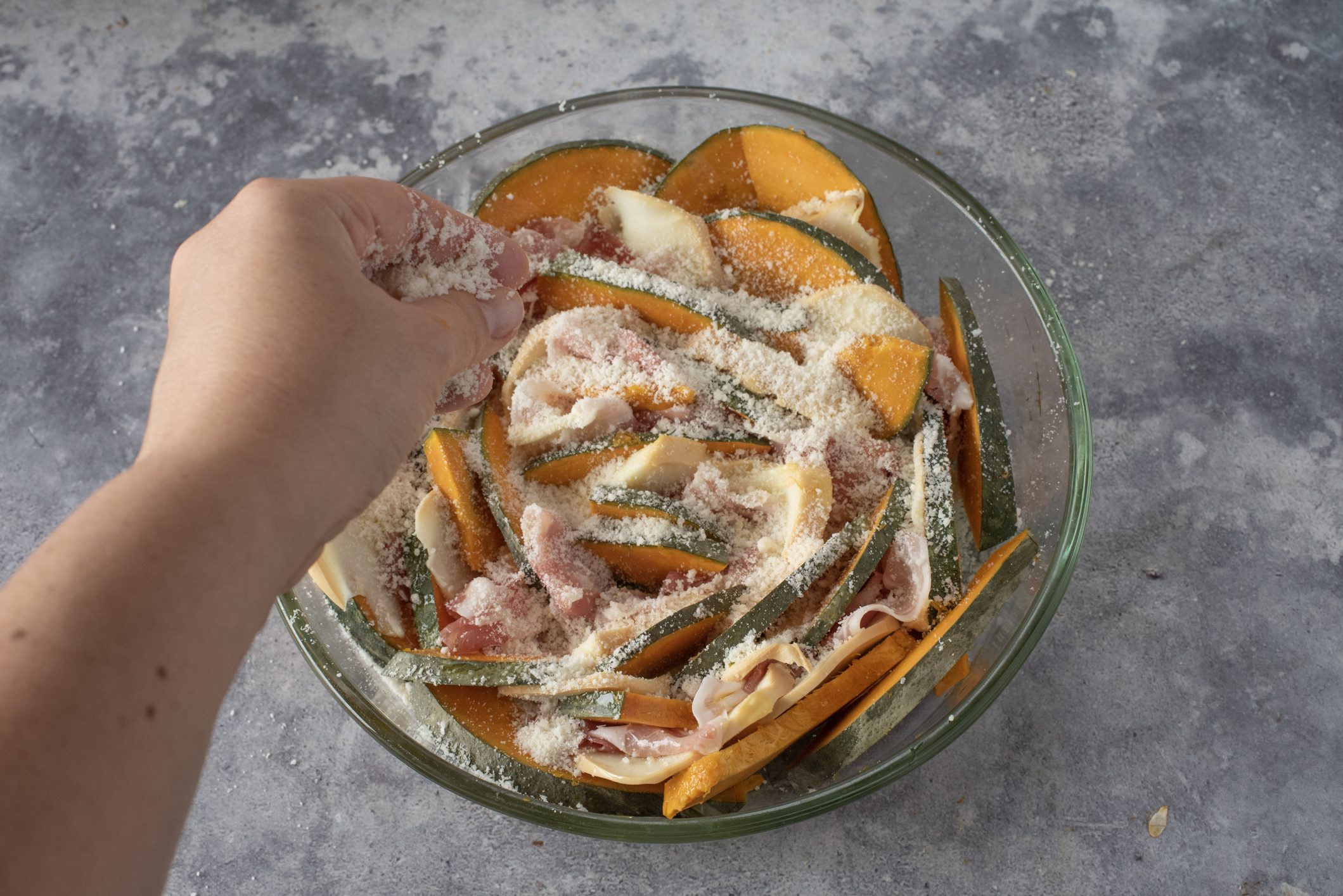 zucca gratinata con pancetta e scamorza